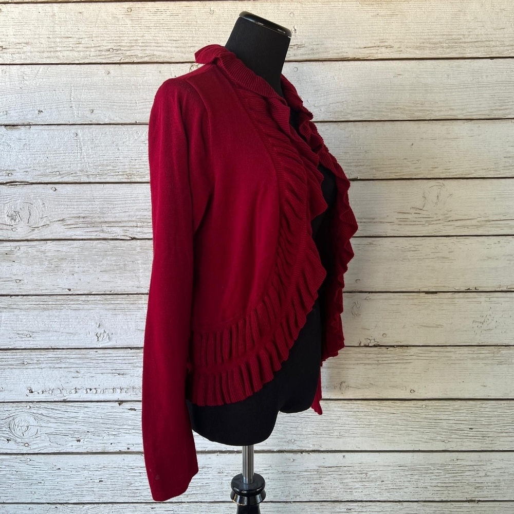 JANA Red Ruffled Cardigan Size Large - Picture 2 of 6